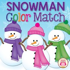 three snowmen wearing hats and scarves with the words, snowman color match