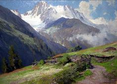 a painting of a mountain scene with clouds and grass in the foreground is a path leading to a cabin