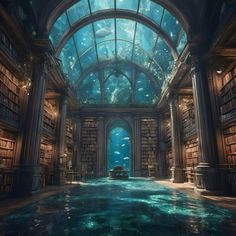 an underwater library with many bookshelves and fish swimming in the water under them