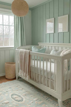 40 Cozy Gender Neutral Nursery Ideas for a Calm Space Peaceful Nursery Ideas, Seafoam Green Nursery, White And Sage Nursery, Light Sage Green Nursery, Gender Neutral Nursery Sage Green, Sea Salt Nursery, Baby Nursery Gender Neutral, Pale Green Nursery, Sea Green Nursery