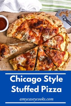 the chicago style stuffed pizza is cut into slices