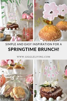 a collage of photos showing different types of food and decorations for a springtime brunch