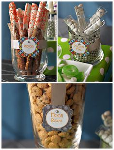 four pictures show different types of candies in glass vases with labels on them