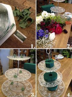 four pictures showing different ways to decorate cake stands with flowers and ribbons on the table