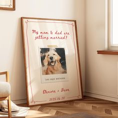 a frame with a photo of a dog on it next to a chair and window