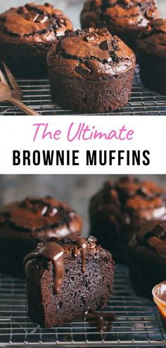 the ultimate chocolate brownie muffins are on a cooling rack