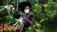 an anime character with black hair and green eyes holding scissors in front of some plants