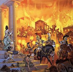 the painting depicts men on horses and chariots in front of a burning building, with fire coming from behind them