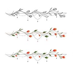 some flowers and leaves are drawn on the white paper with black lines around them, as well as red berries