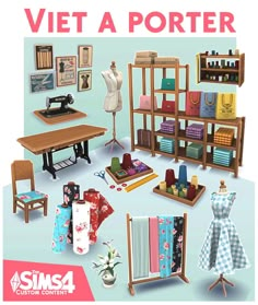 an advertisement for a sewing shop with various items on shelves and in front of a mannequin