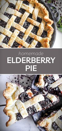 homemade elderberry pie in a cast iron skillet with text overlay that reads homemade elderberry pie