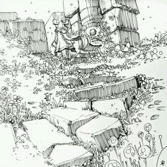 a black and white drawing of a garden