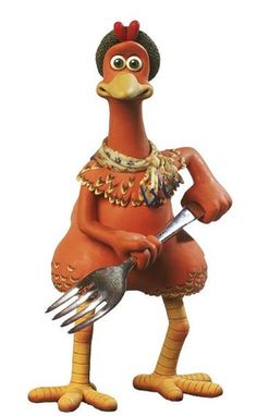 an image of a chicken holding a fork with the words eat beef and pork on it