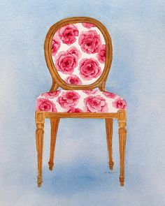 a painting of a chair with pink flowers on it's back and seat, against a blue background