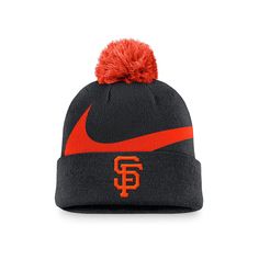 the san francisco giants nike cuff knit hat with pom is shown in black and orange