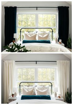 two pictures of the same bed with pillows and blankets, one in blue and white