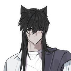 an anime character with long black hair wearing a white shirt and cat ears on his head