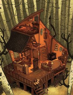 an illustration of a house in the woods