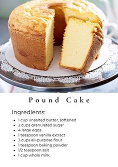 a pound cake on a plate with instructions