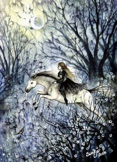 a woman riding on the back of a white horse through a forest filled with trees