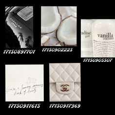 an assortment of personal items displayed on a black and white background with the words vanille