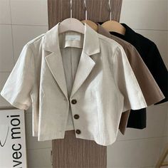 Short Sleeve Office Jacket Plaid Shorts Women, Linen Suits Women, Office Jacket, Long Sleeve Loose Blouse, Suits Korean, Outwear Coat, Linen Suits, Vintage Swimsuits, Linen Suit