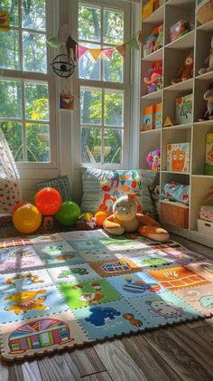 Bright and inviting children's playroom with educational mat, toys, and books for fun and learning opportunities. Agere Room, Aesthetic Playroom, Sfw Agere, Family Room Playroom, Loft Playroom, Creative Kids Rooms, Childrens Playroom, Soft Play, Play Room