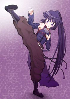 an anime character with long black hair and blue eyes, holding onto another person's leg