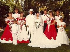 a group of people dressed in red and white