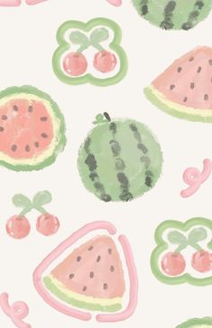 watermelon slices and cherries on a white background with pink trimmings