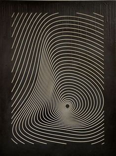 an abstract black and white painting with lines in the shape of a spiral, on a dark background