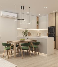 a modern kitchen and dining room are shown in this artist's rendering, with wood flooring