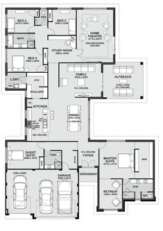 two story house plans with three car garages on each side and one bedroom in the middle