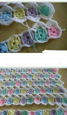 crocheted granny afghans are being worked on