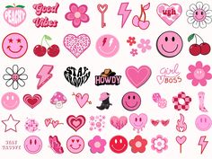 various pink and red stickers with hearts, flowers, and smiley faces on them