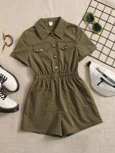 Army Green Casual Collar Short Sleeve Woven Fabric Plain Shirt Embellished Non-Stretch  Girls Clothing Short Jumpsuit Outfit, Short Jumpsuits For Women, Jumpsuit Short, Girls Party Wear, Teen Girl Dresses, Plain Shirt, Girls Rompers, Short Jumpsuit, Mens Swimwear