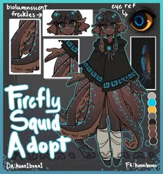 a drawing of a girl with blue eyes and an octopus tail, in front of the caption firefly squid adopt