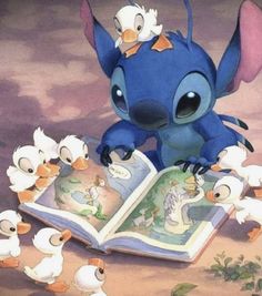 the stitch book is open with many little birds around it and an image of stitch