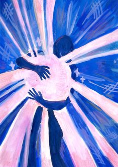 a painting of a person with their arms around each other in front of a blue background