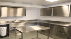 an empty commercial kitchen with stainless steel appliances