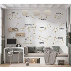 this is an image of a living room with stars on the wall and lights above it