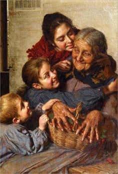 a painting of an old woman with two children and one older woman holding a basket