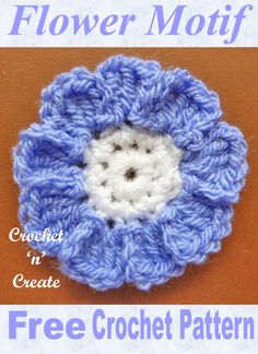 a crochet flower motif is shown in blue and white