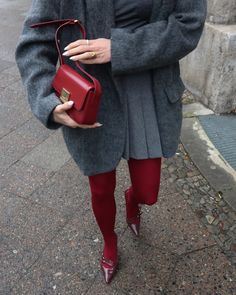 Sunday pre- valentine look or red tights making the look as always 🍒 details: vintage wool blazer skort @mango turtleneck @myessentialwardrobeofficial bag @a.cloud_official tights @calzedonia shoes @shopcider sunnies @lespecs #winterfashion #oversizedblazer #burgundy , Burgundy tights, red tights, weinrot, oxblood, sezane bag, winter outfit inspo, knitwear , grey knit , oversize blazer Red Tights, Burgundy Shoes, Chic Winter Outfits, Knitwear Outfit, Oversized Blazer, Wool Blazer, Red Shoes