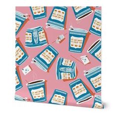 a pink background with blue and white books on it