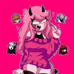 an anime character with pink hair and demon horns on her head, pointing at the camera