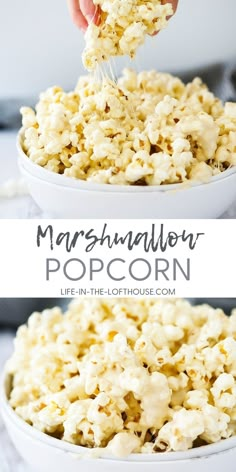 a person scooping popcorn out of a bowl with the words, marshmallow popcorn