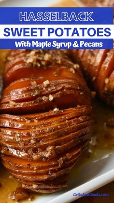 Hasselback-cut sweet potatoes baked with maple syrup and pecans. Sweet Potatoes With Maple Syrup, Hasselback Sweet Potato, Easy Thanksgiving Dinner, Southern Side Dishes, Sweet Potato Pecan, Maple Syrup Recipes, Sweet Potato Recipe, Dinner Side Dishes