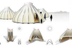 several different types of tents with people walking around them and one is standing in front of it