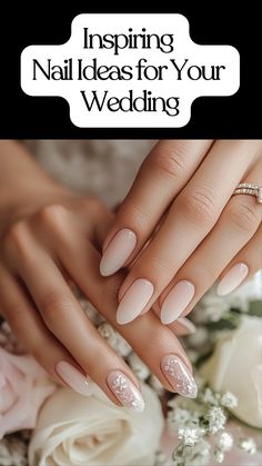 Bride’s hands with elegant wedding nails featuring soft, pastel colors and subtle nail art that complements her bridal dress and rings. Wedding Classy Nails, Traditional Wedding Nails For Bride, Bridal Ombre Nails Wedding, Wedding Nails 2024 Trends, Wedding Nails For Bride Fall Colors, Wedding Nails Winter, Bride Nail Designs Wedding Manicure, November Wedding Nails, Garden Wedding Nails